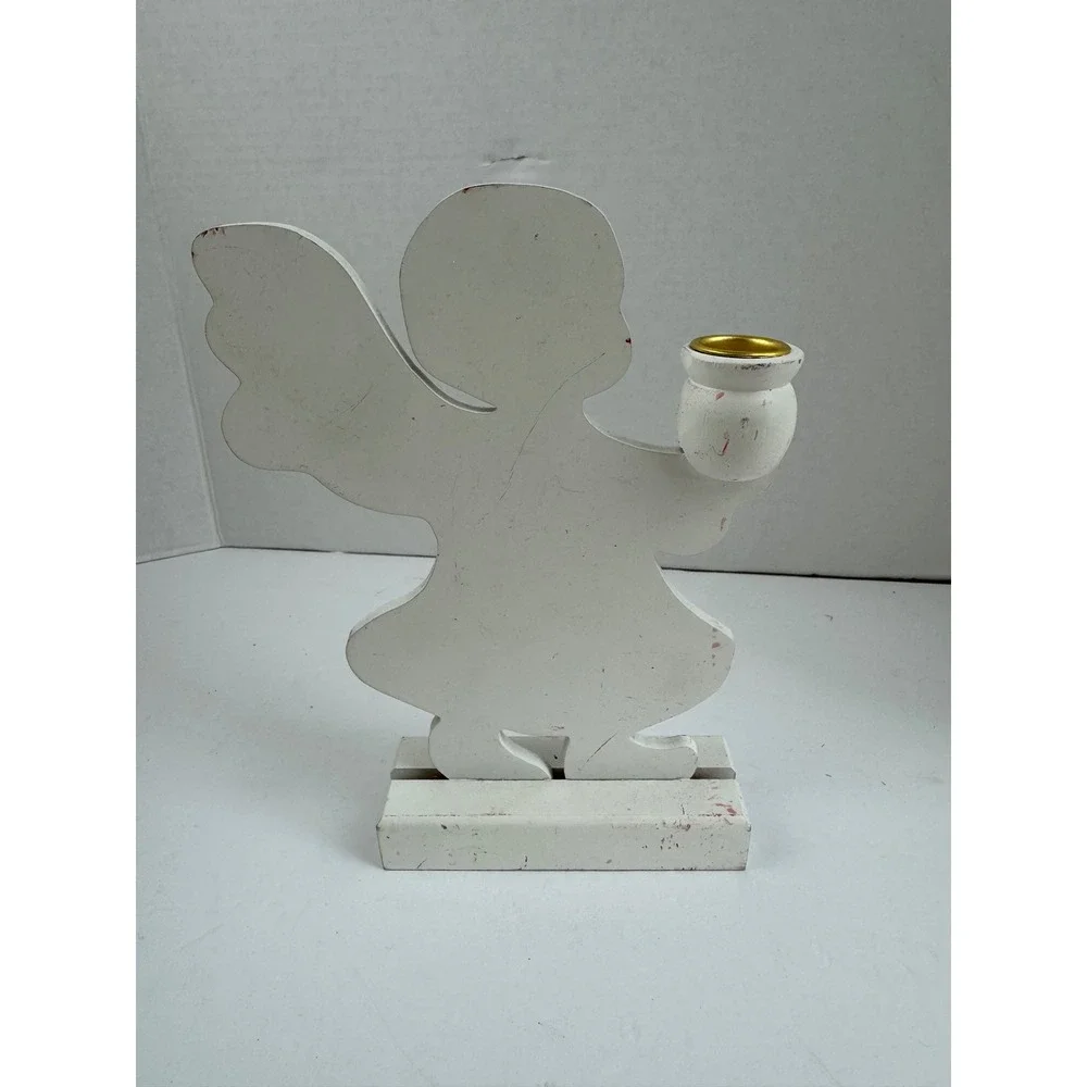 Vintage White Wooden Angel Taper Candle Holder Folk Art Christmas Decor 8.5 Inch